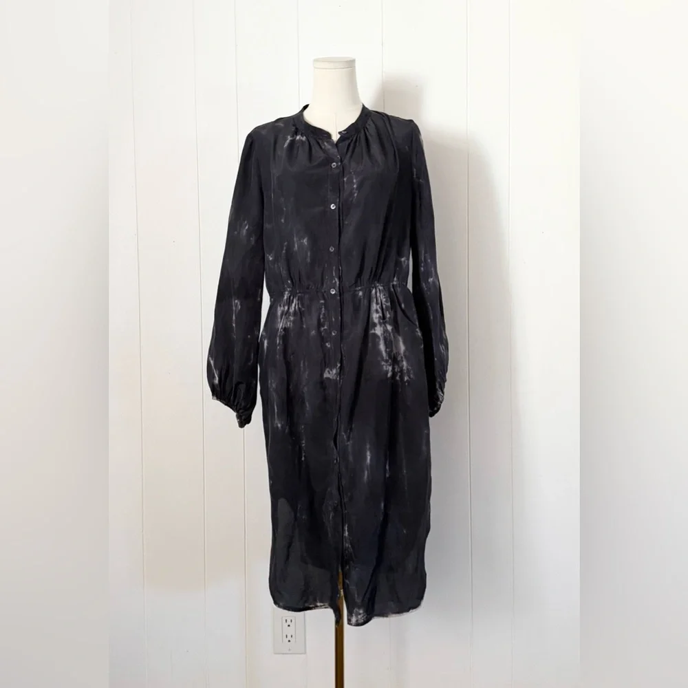 Raquel Allegra Cotton Silk Tie Dye Midi Shirt Dress Black Grey Size 2 Medium 43”